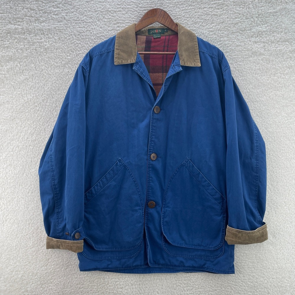 VTG J Crew Chore Jacket Mens M Blue Oarsman Corduroy Collar Plaid Lined Barn